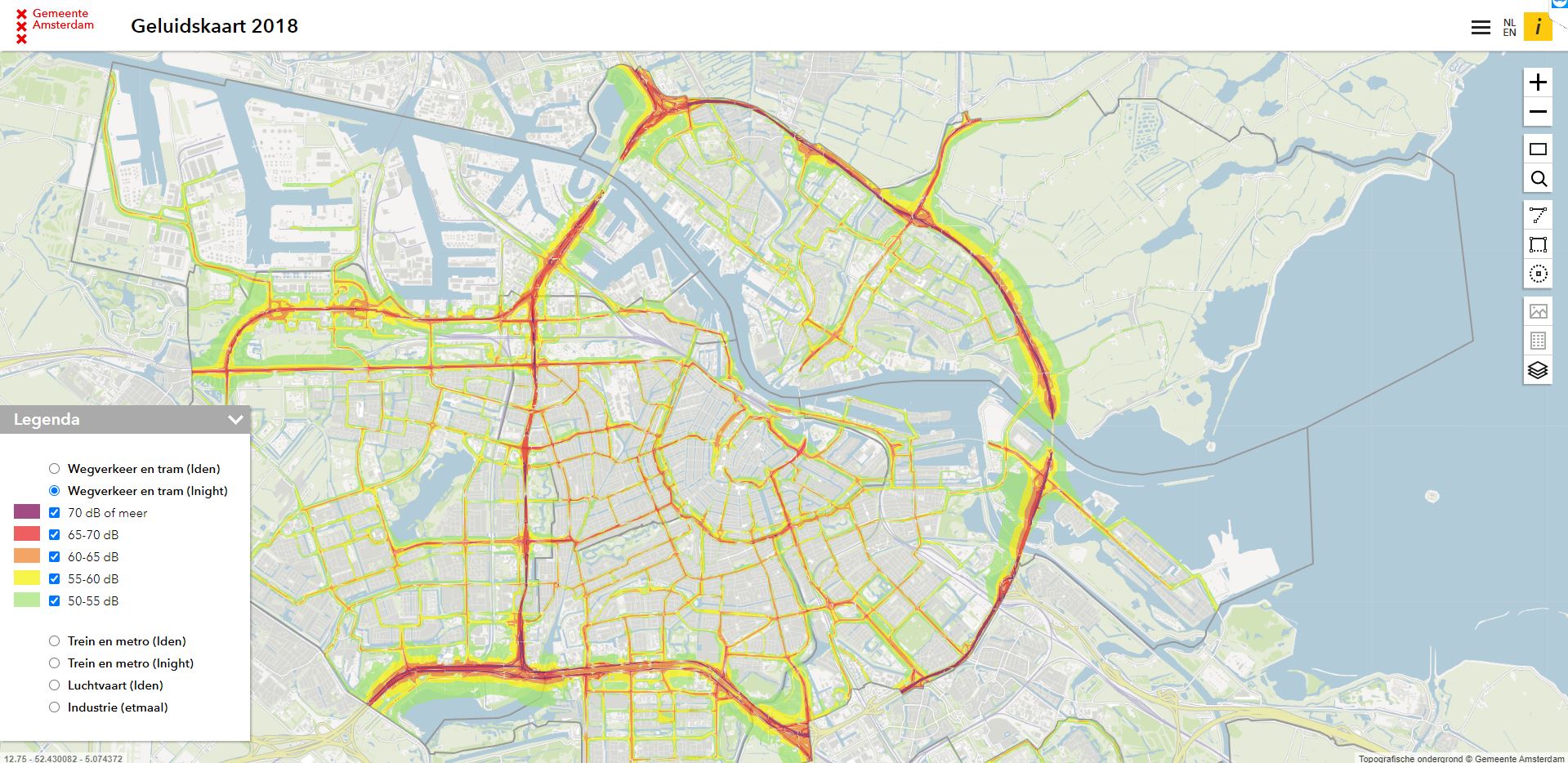 Kaart van Amsterdam met zones van geluidsoverlast